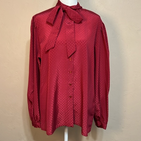Vintage Panther Silky Button-Down Red Blouse with Tie Neck, Ladies’ Size Medium - Picture 1 of 13